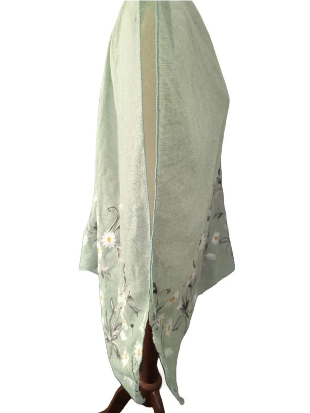 NWOT Sage Green Open-front Woven Kimono with Embroidered Daisy Hem